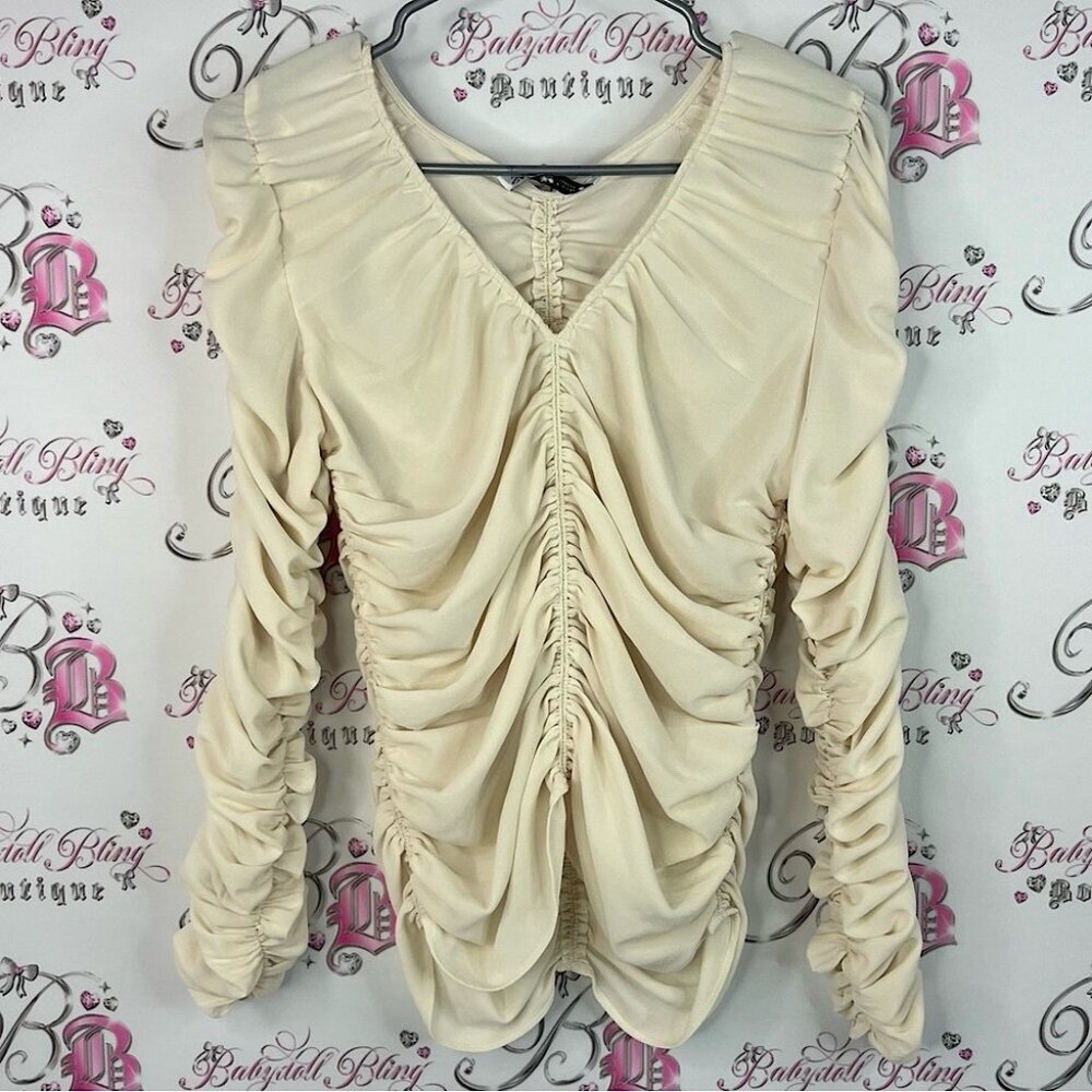 Zara long sleeve cinch cinched Elegant Cream Ruched Women's Top
